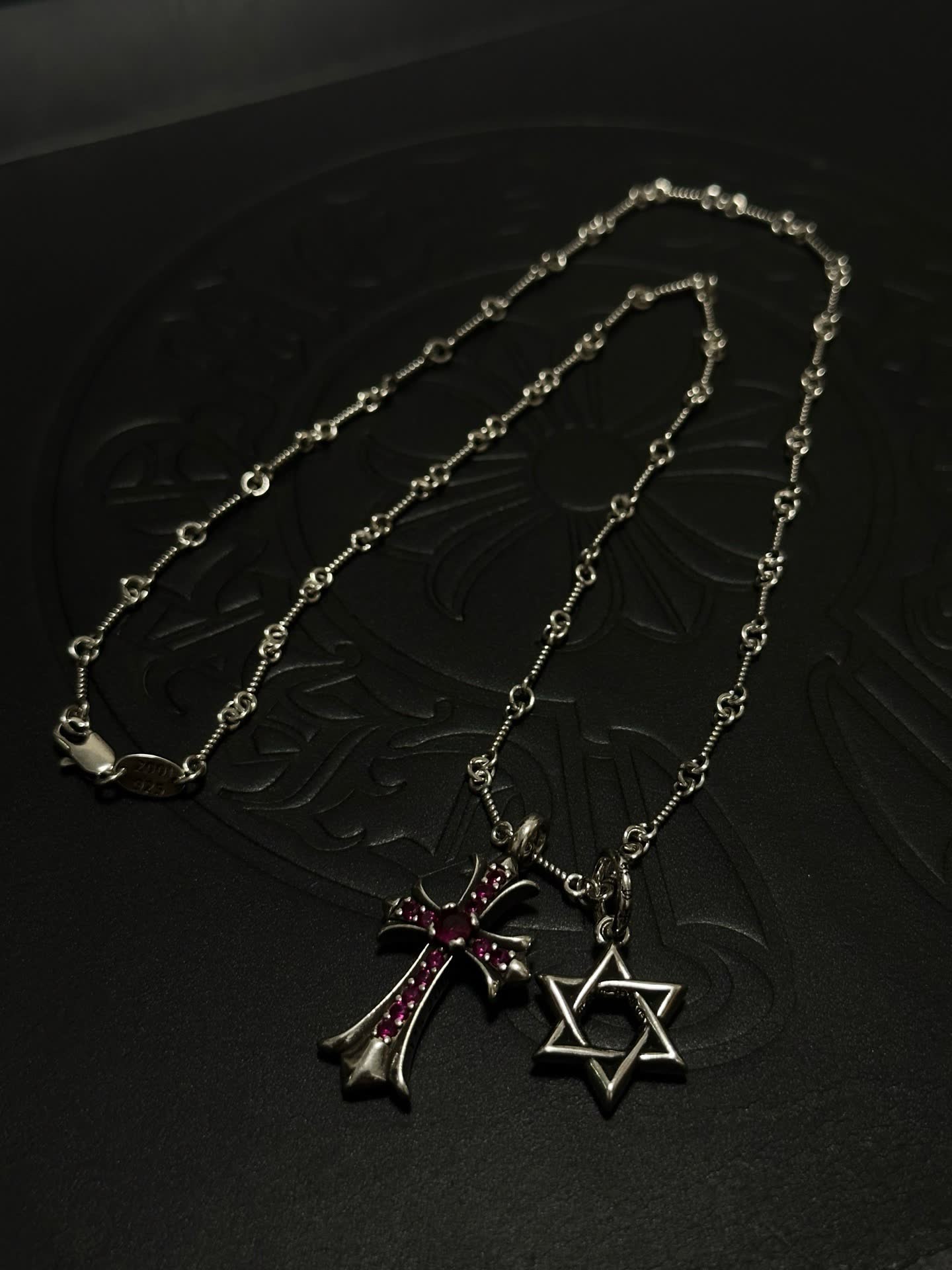 Chrome Hearts Silver Cross and Star of David Charm Necklace